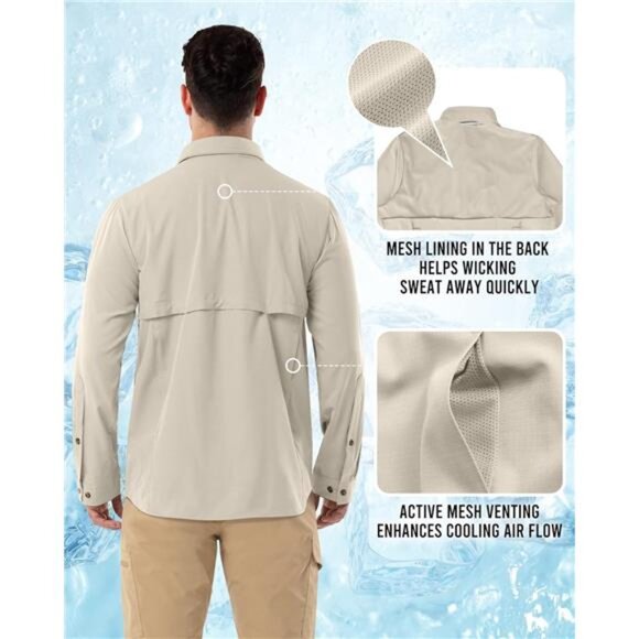 Men's Long Sleeve Hiking Shirt UPF 50 UV Sun Protection Shirt Cooling Quick Dry - Picture 3 of 6